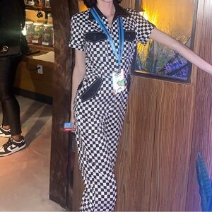 unique vintage black + white checkered jumpsuit (s: S/4)